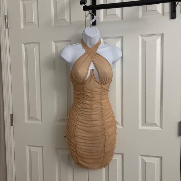 Dolls Kill Dresses & Skirts - Dollskill Tic Toc tan halter neck ruched dress Size L #summerdress #halterneck